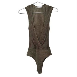 Zara Gold Taupe Sheer Very Low Neckline Bodysuit Size Small